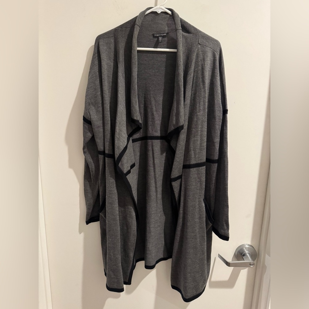 Eileen Fisher Open Cardigan Sweater 100% Merino Wool Gray Black Size Large